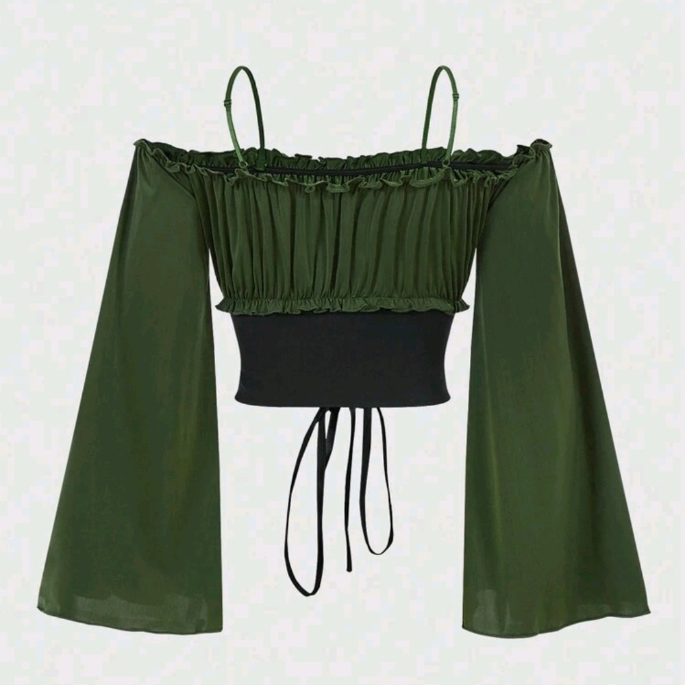 SHEIN Green Off-Shoulder Crop Top with Lace-Up - Picture 2 of 4